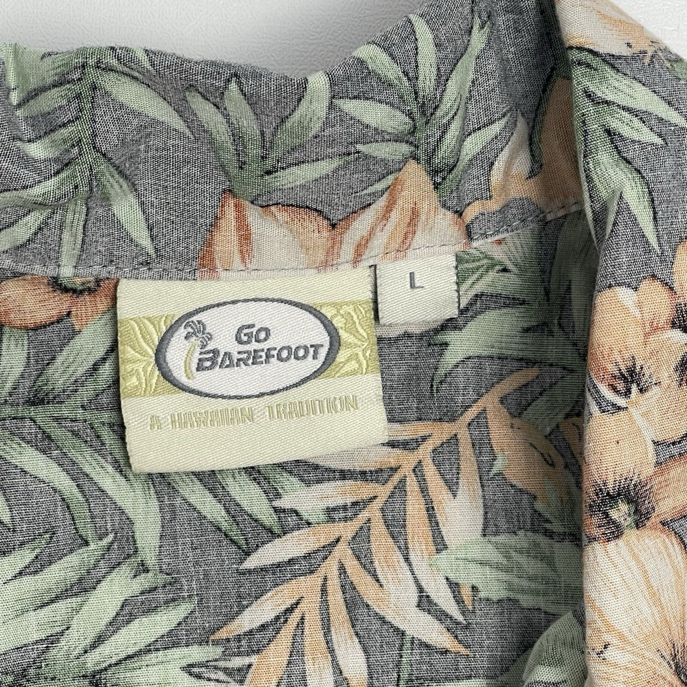 Go Barefoot Men's Large Gray Orange Green Hawaiian Tropical Aloha Floral Button - Picture 4 of 8